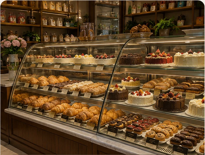 Long display case filled with fresh cakes, croissants, cookies and pastries