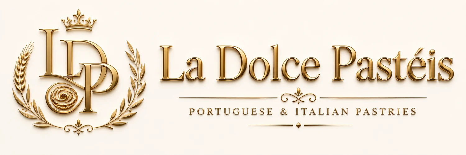La Dolce Pastéis 3D gold logo with Portuguese and Italian pastries tagline