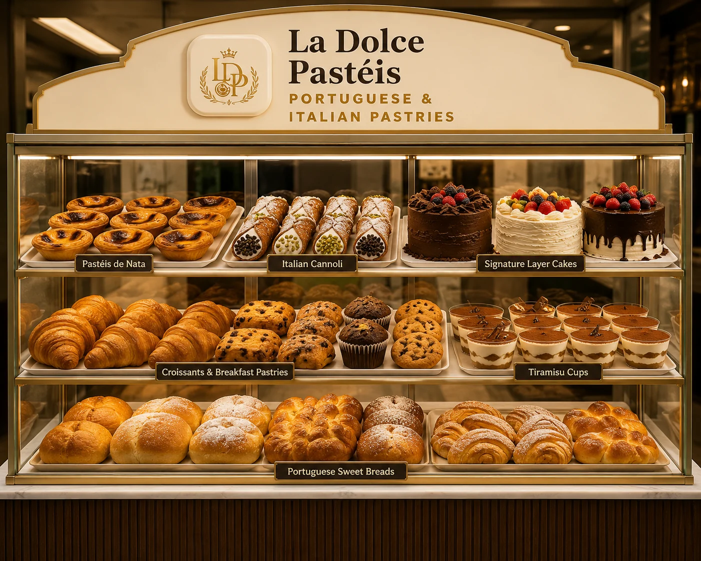 Fresh cakes and pastries in a long bakery display counter